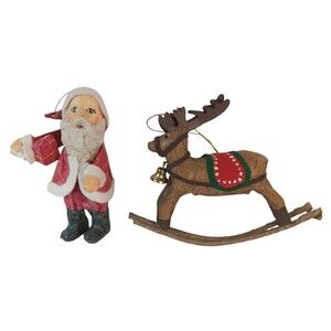 Vintage Handmade Papier Mache Santa Clause & Reindeer Folk Art Ornaments Two (2)